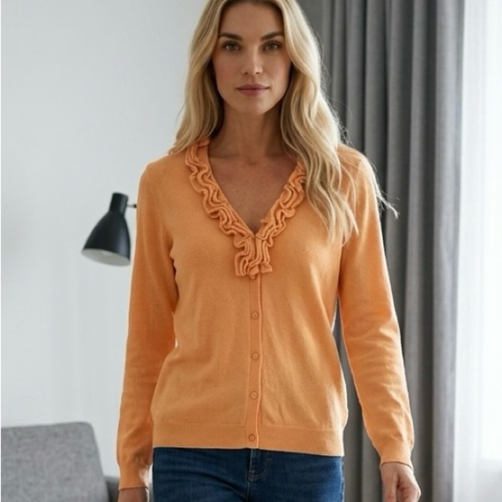 Talbots Ruffle V-Neck Cardigan Sweater - peach